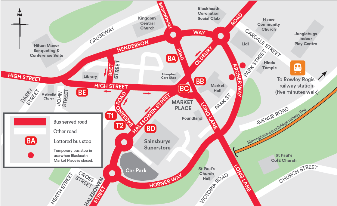 Blackheath Interchange map showing bus stops, main roads, landmarks, and route to Rowley Regis station.